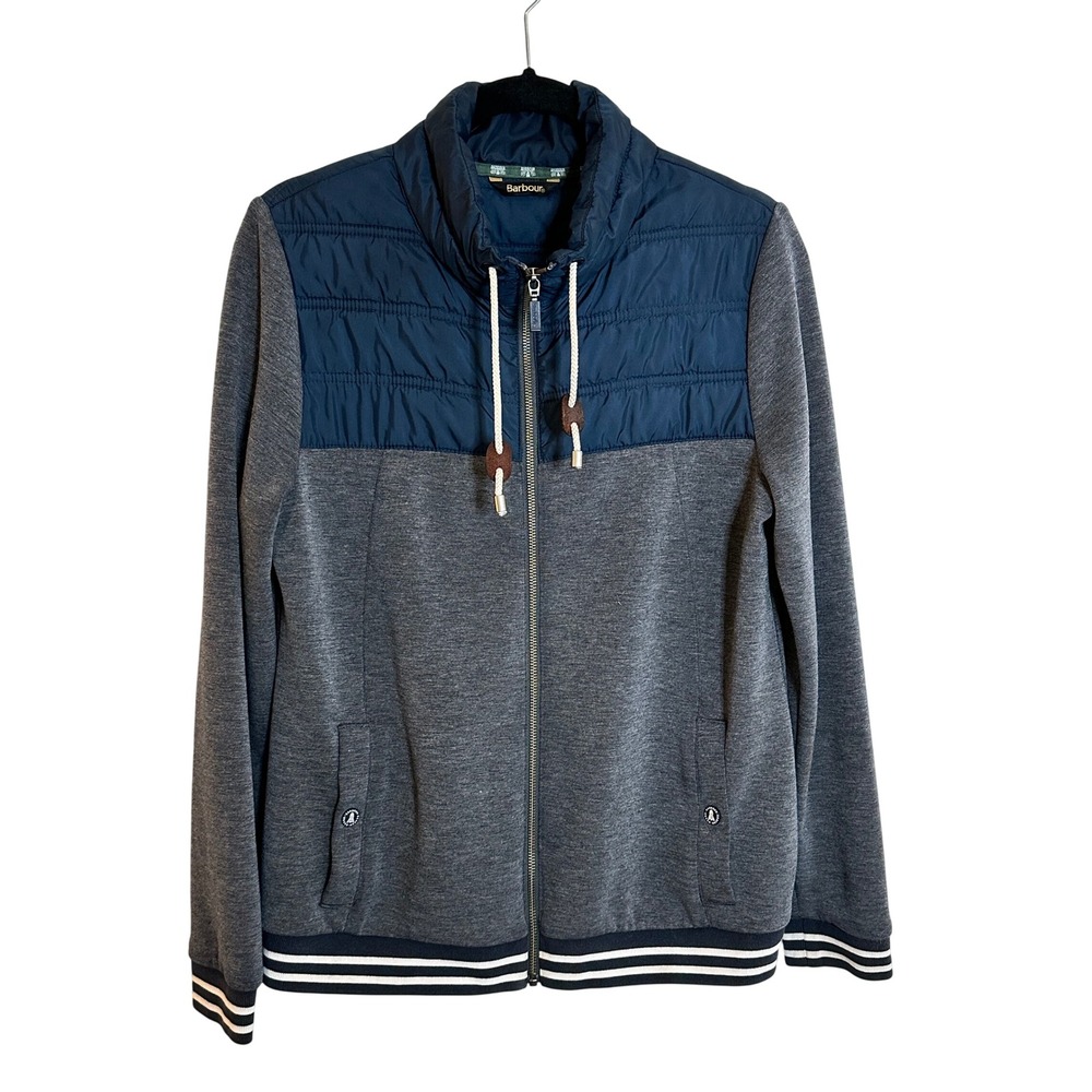 Barbour FibreDown Selsey Quilted Zip Up Sweatshirt Size 8 Grey Navy Blue Striped